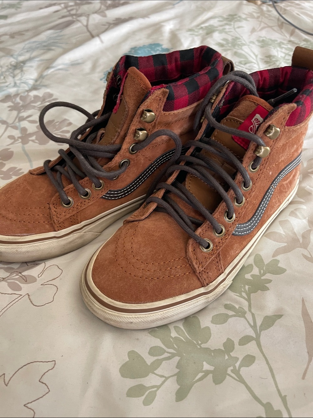 Vans Brown Suede High-Top Sneakers with Red Plaid Lining